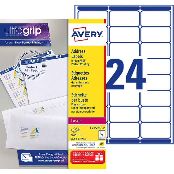 BOITE 2400 ETIQUETTES ADRESSES BLANCHES CLASSIQUES LASER 63.5X33.9MM PAPIER VELIN 145G REFERENCE AVERY L7159