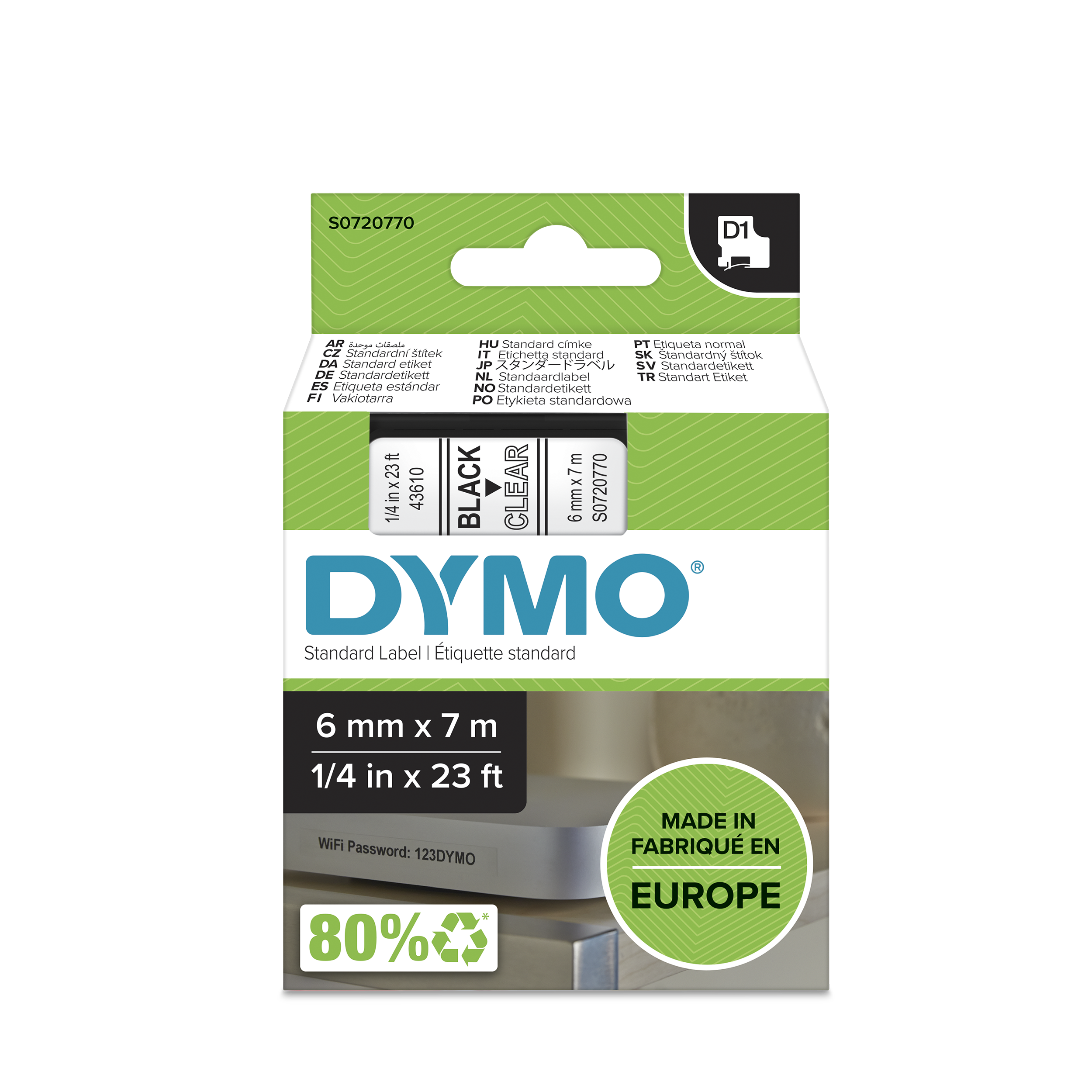 RUBAN TITREUSE DYMO 6MM NOIR/TRANSPARENT
