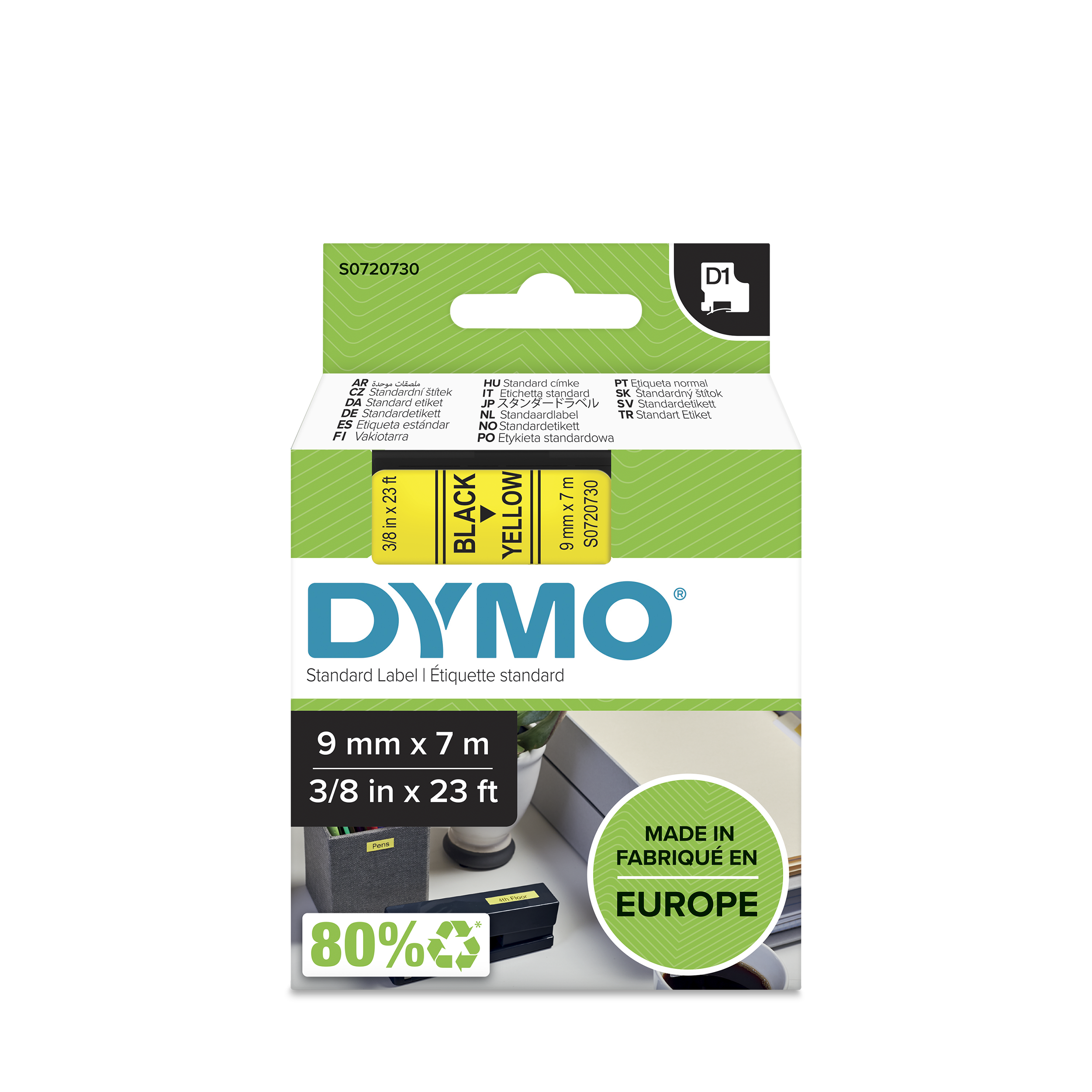 RUBAN TITREUSE DYMO 9MM NOIR/JAUNE
