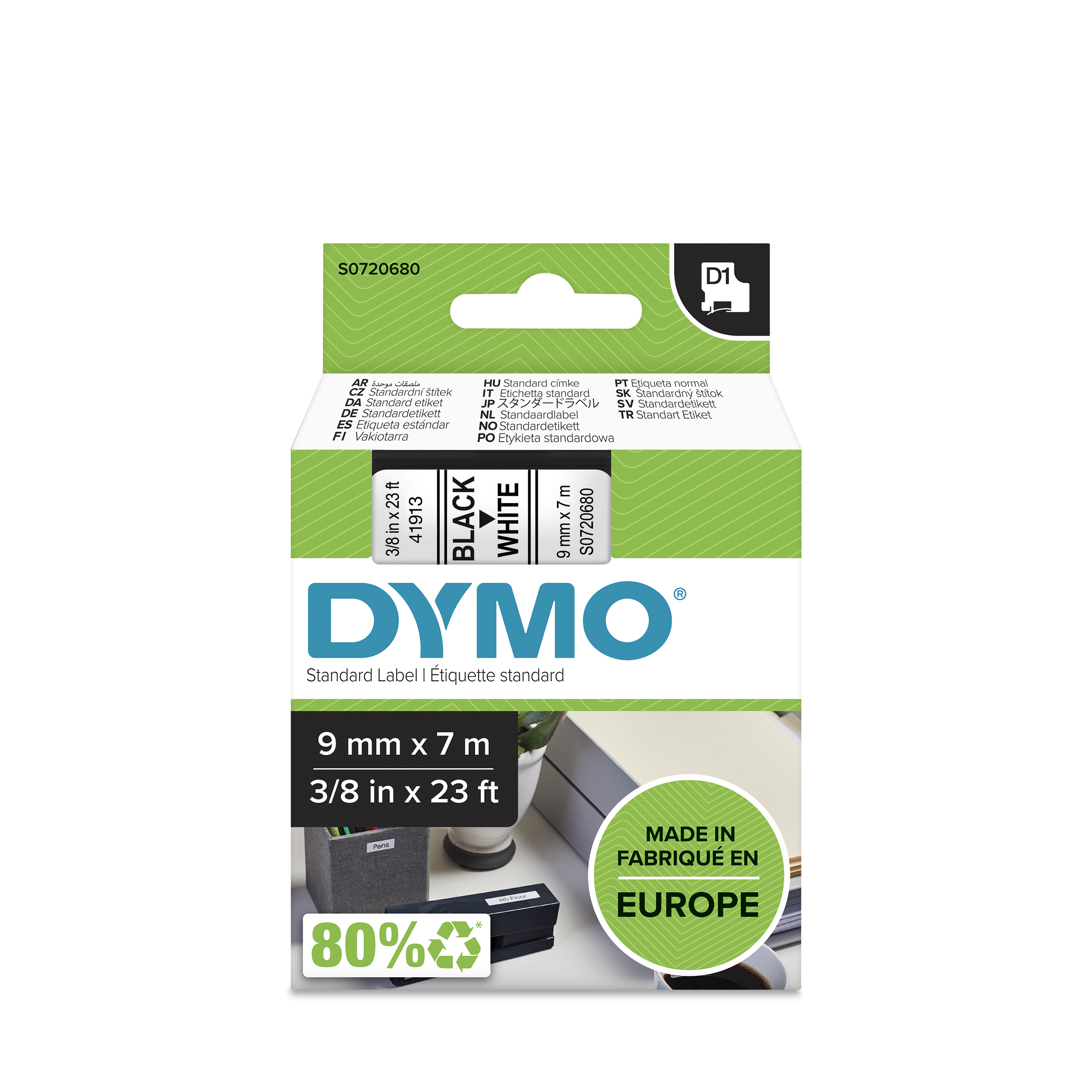 RUBAN TITREUSE DYMO 9MM NOIR/BLANC