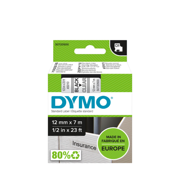 RUBAN TITREUSE DYMO 12MM NOIR/TRANSPARENT