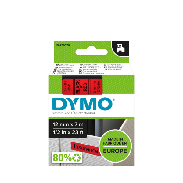 RUBAN TITREUSE DYMO 12MM NOIR/ROUGE