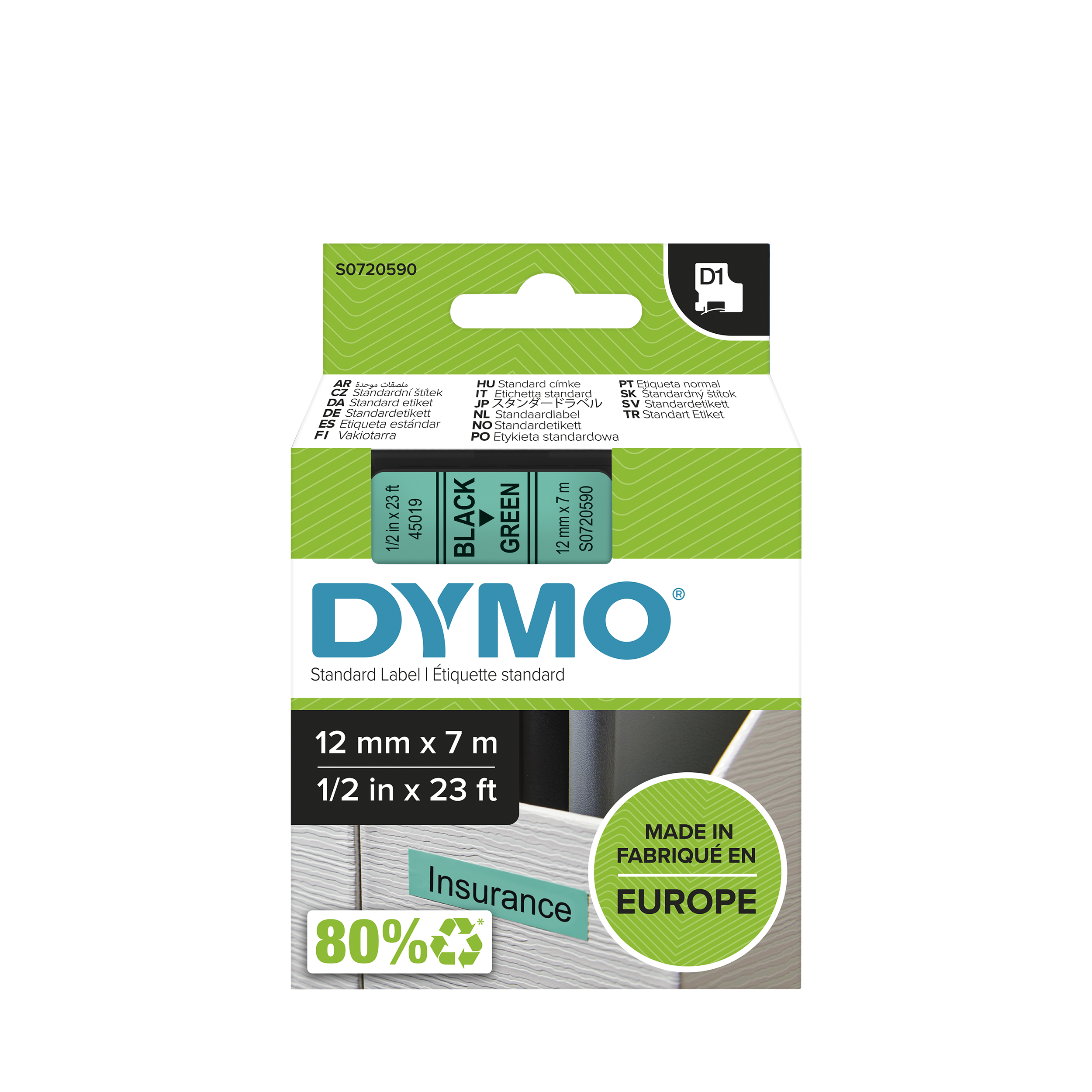 RUBAN TITREUSE DYMO 12MM NOIR/VERT