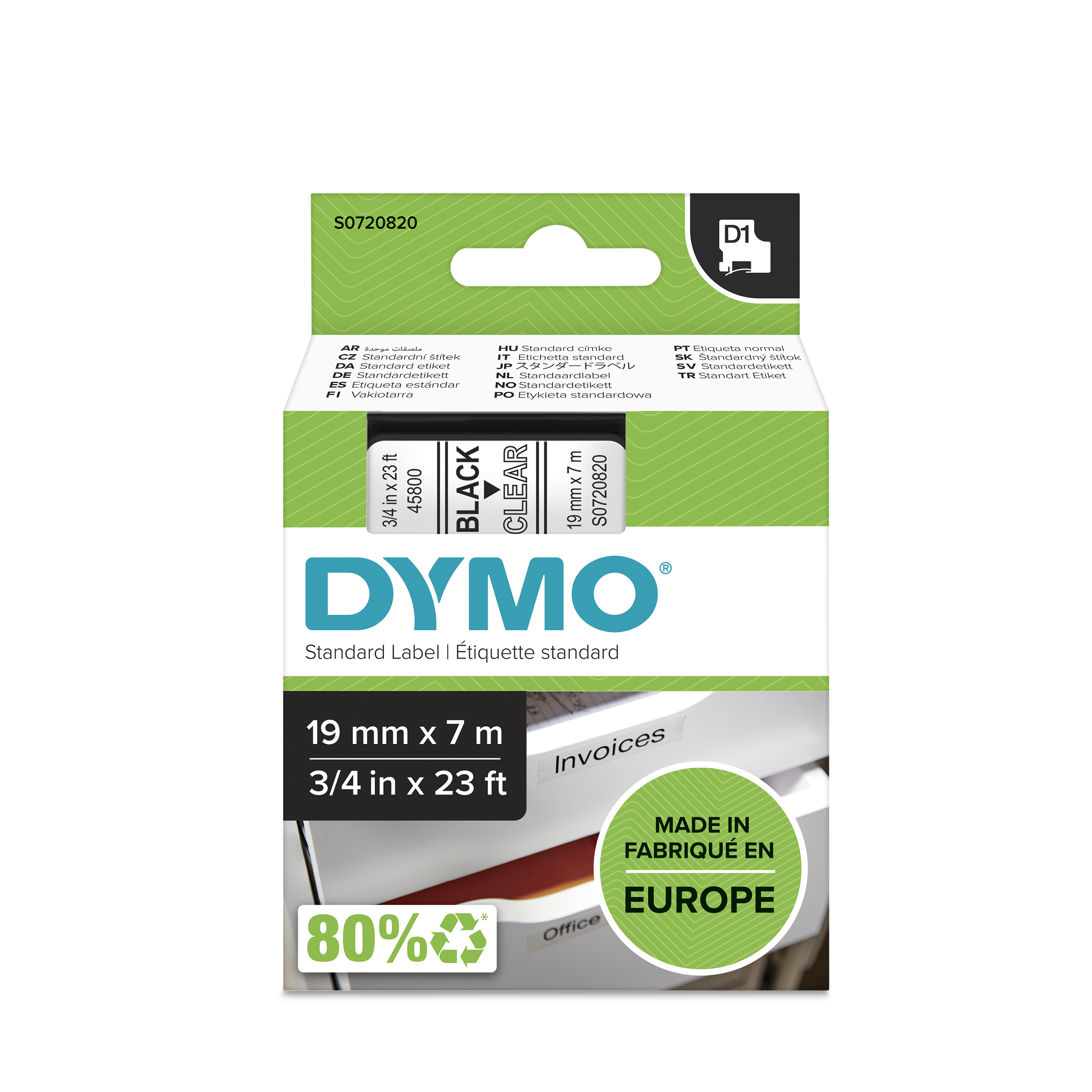 RUBAN TITREUSE DYMO 19MM NOIR/TRANSPARENT