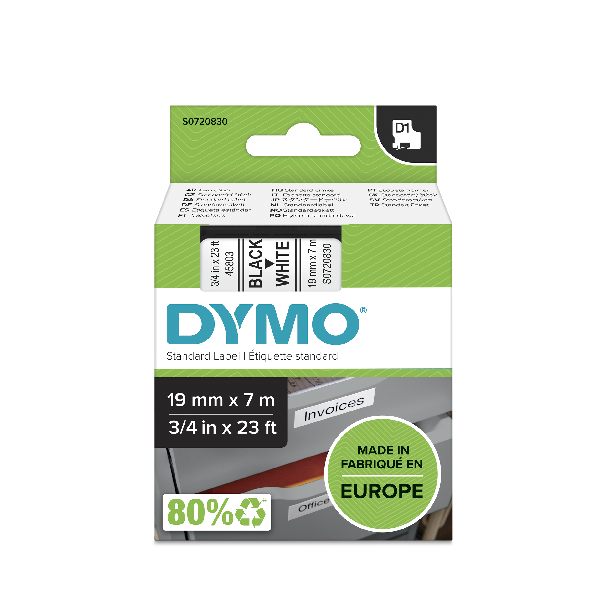 RUBAN TITREUSE DYMO 19MM NOIR/BLANC
