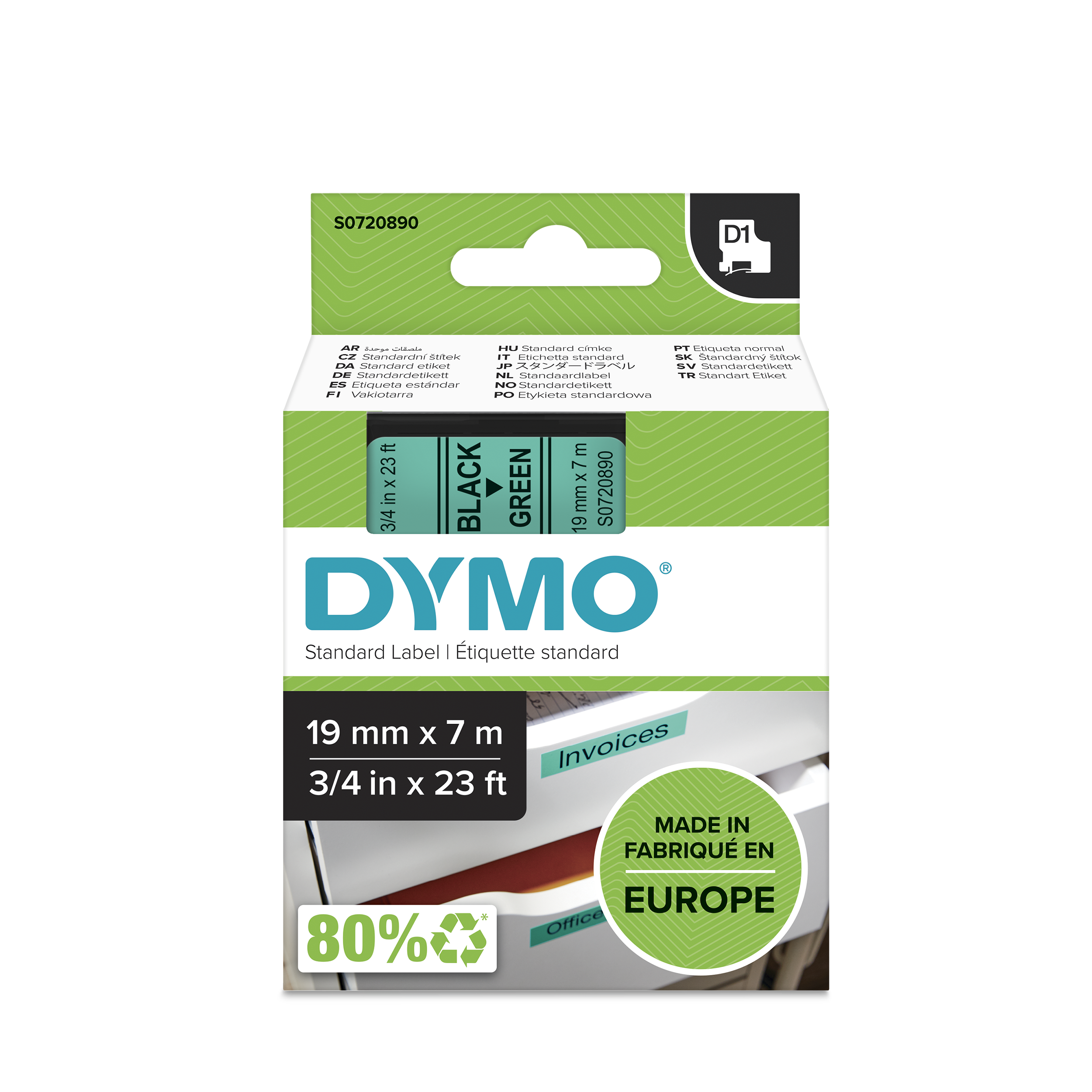 RUBAN TITREUSE DYMO 19MM NOIR/VERT