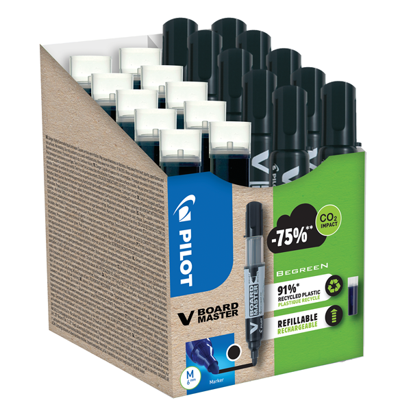 GREENPACK 10 MARQUEURS EFFACABLES + 10 RECHARGES PILOT V-BOARD MASTER POINTE CONIQUE NOIR