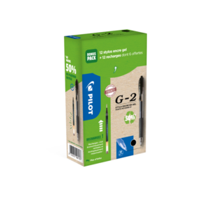 GREENPACK 12 STYLOS PILOT G2 ROLLER ENCRE GEL + 12 RECHARGES POINTE MOYENNE NOIR