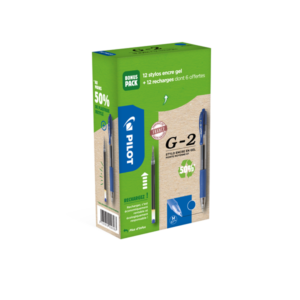 GREENPACK 12 STYLOS PILOT G2 ROLLER ENCRE GEL + 12 RECHARGES POINTE MOYENNE BLEU