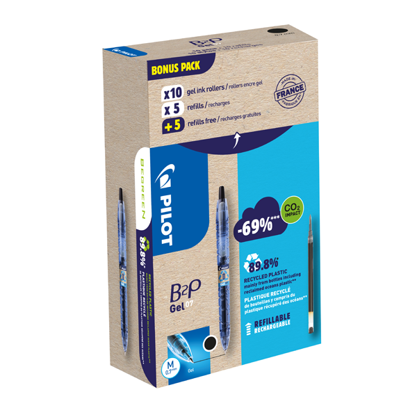 GREENPACK 10 STYLOS PILOT B2P GEL + 10 RECHARGES NOIR
