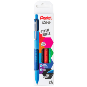 POCHETTE 4 STYLOS PENTEL IZEE RETRACTABLE COLORIS ASSORTIS