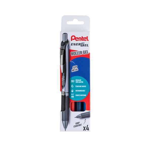 POCHETTE 4 ROLLERS PENTEL ENERGEL BL77 COLORIS ASSORTIS