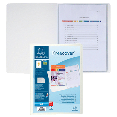 PROTEGE-DOCUMENT 40 VUES A4 PERSONNALISABLE KREACOVER BLANC POLYPROPYLENE OPAQUE