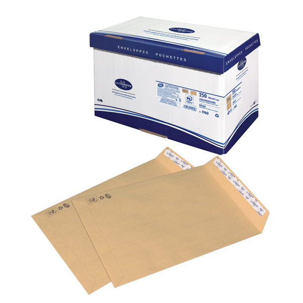 BOITE 250 POCHETTES KRAFT GAMME SUPERIEUR SANS SOUFFLET 120G ADOUR FORMAT 280X365MM AUTOADHESIVE