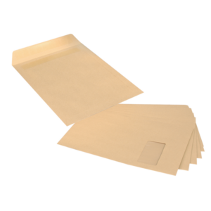 BOITE 250 POCHETTES KRAFT GAMME STANDARD 90G FORMAT C4 229X324MM A FENETRE 100X50MM KRAFT BLOND AUTOCOLLANTE