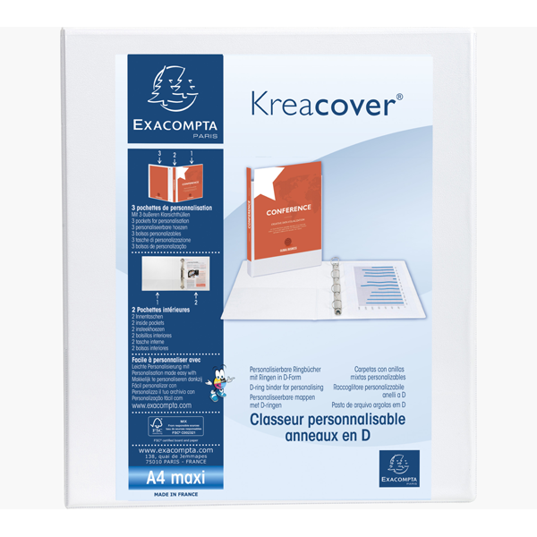 CLASSEUR PERSONNALISABLE KREACOVER 4 ANNEAUX A4+ DOS 40MM BLANC