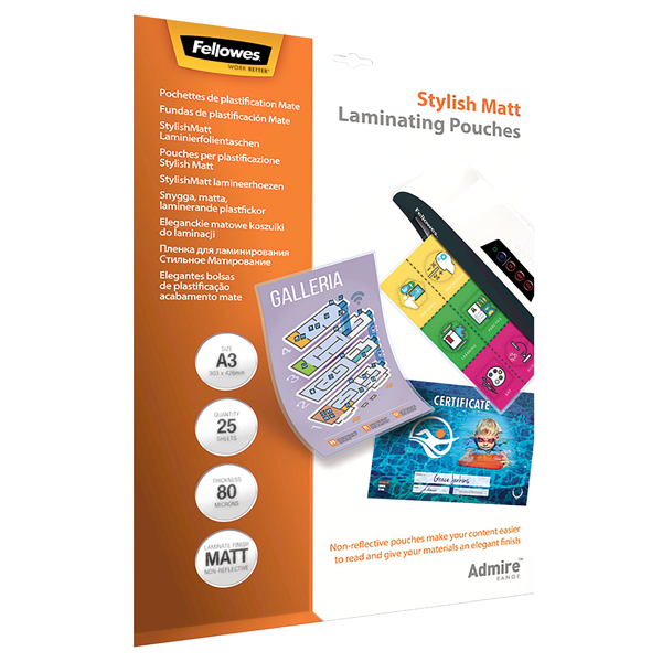 BOITE 25 POCHETTES PLASTIFICATION FELLOWES A3 80MIC MAT