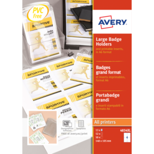 BOITE 50 BADGES A6 + 52 INSERTS IMPRIMABLES 148 X 105 MM AVERY