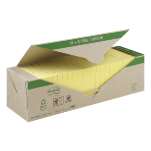 LOT 24 BLOCS (18+6) POST-IT NOTE 76X76MM JAUNE RECYCLE