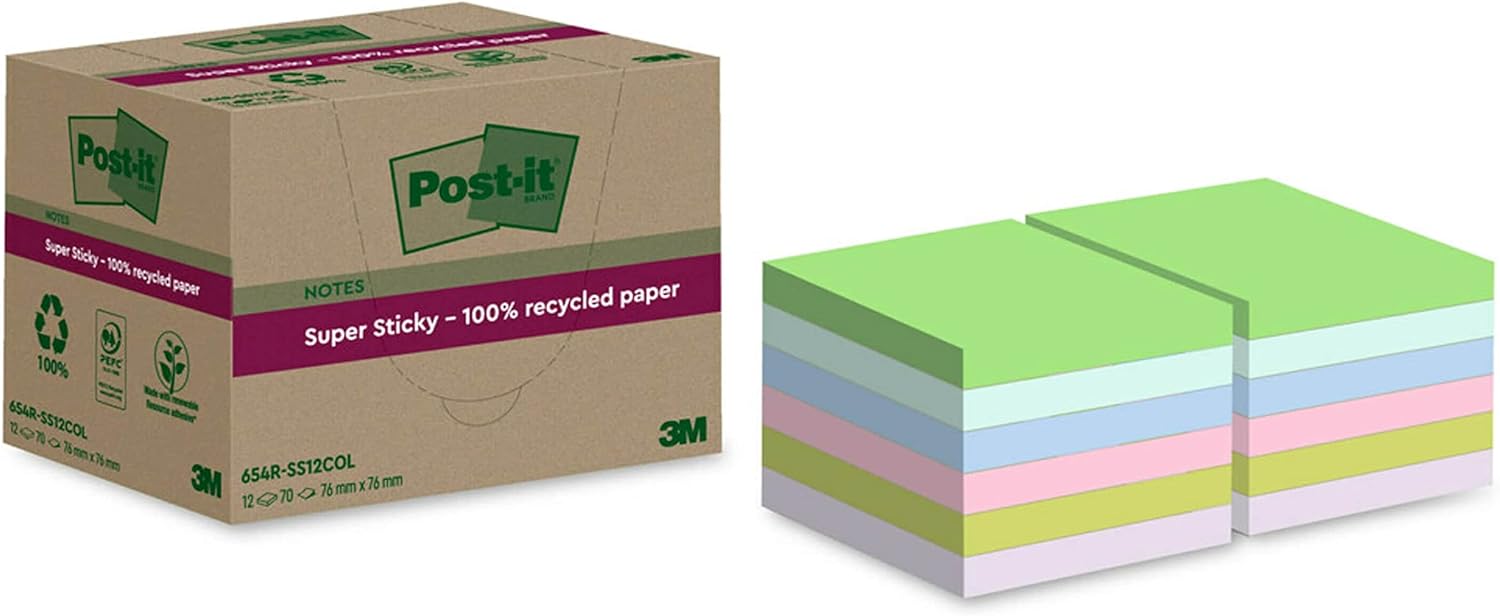 Post-it Super Sticky Notes entièrement recyclées. 12 Blocs. 70 Feuilles par Bloc. 47.6 mm x 47.6 mm