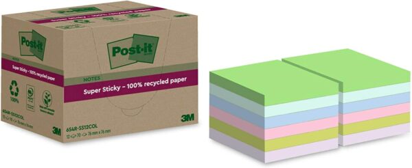 Post-it Super Sticky Notes entièrement recyclées. 12 Blocs. 70 Feuilles par Bloc. 76 mm x 76 mm