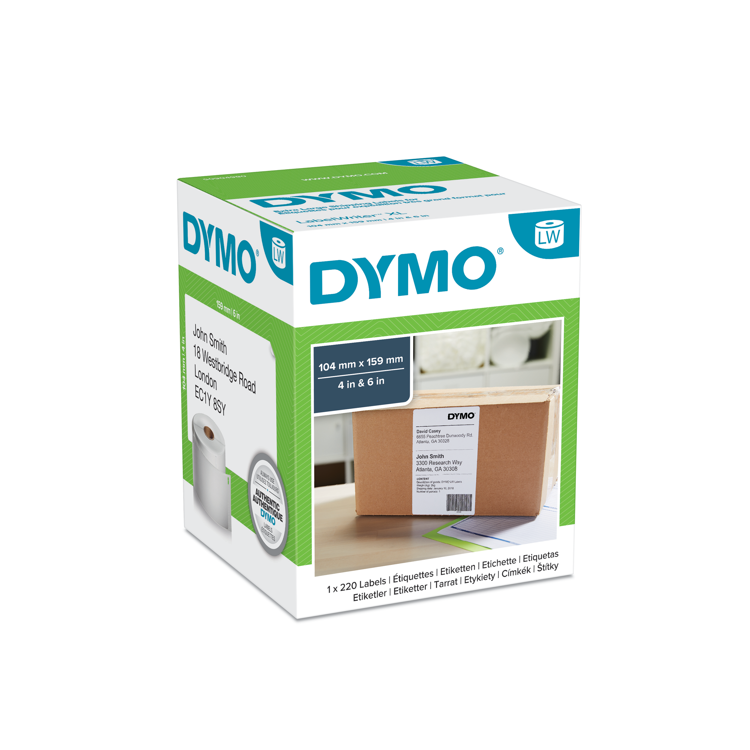 BOITE 1 ROULEAU 220 ETIQUETTES PAPIER EXTRA LARGES / EXPEDITIONS (LABELWRITER 4XL) DYMO 104X159MM BLANC