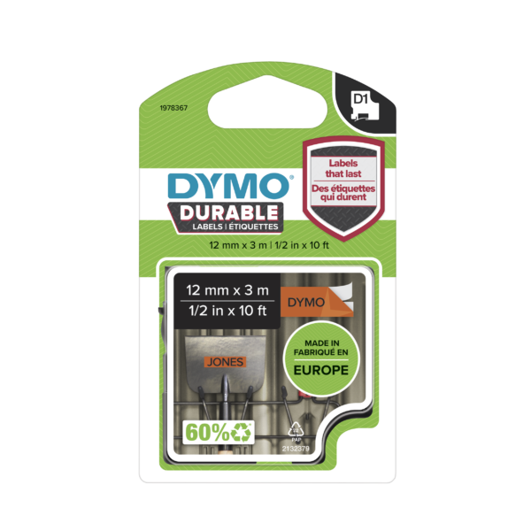 RUBAN RESISTANTS D1 TITREUSE DYMO 12MM NOIR/ORANGE