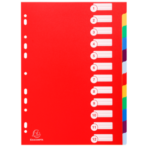 JEU 12 INTERCALAIRES A4 POLYPROPYLENE TOUCHES ASSORTIES 30/100E