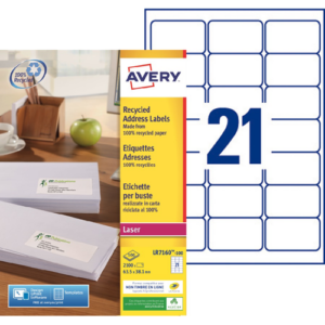 2100 ETIQUETTES ADRESSES RECYCLEES BLANCHES 63.5 X 38.1 MM LASER (LR7160-100) AVERY