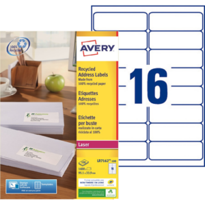 1600 ETIQUETTES ADRESSES RECYCLEES BLANCHES 99.1 X 33.9 MM LASER (LR7162-100) AVERY