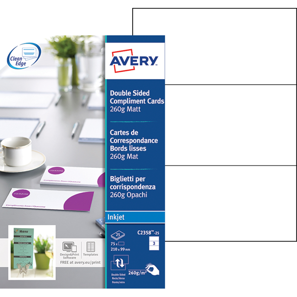 BOITE 75 CARTES DE CORRESPONDANCE QUICK&CLEAN A BORDS LISSES RECTO/VERSO MAT 210X99MM 260G REFERENCE AVERY C2358