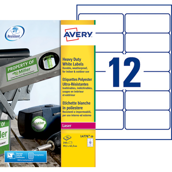 BOITE 240 ETIQUETTES ULTRA-RESISTANTES POLYESTER 99.1X42.3MM BLANC REFERENCE AVERY L4776