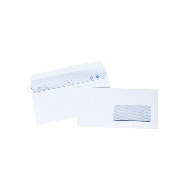 BOITE 500 ENVELOPPES GAMME SUPERIEURE CLASSIC 90G FORMAT DL 110X220MM A FENETRE 45X100MM AUTOADHESIVE OUVERTURE FACILE BLANC