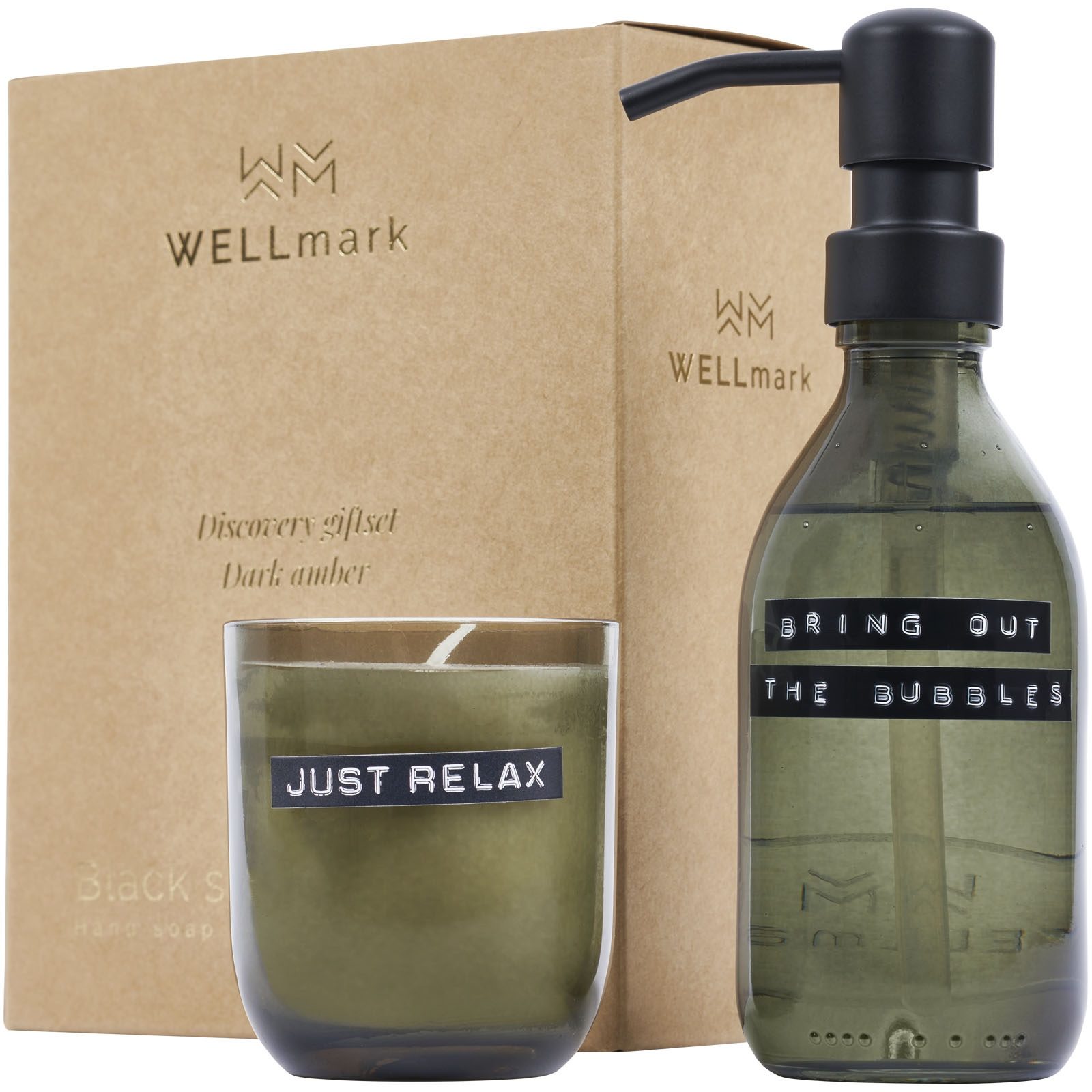 Distributeur de savon pour les mains de 200 ml et jeu de bougies parfumées de 150 g WELLmarkDiscovery - parfum ambré foncé